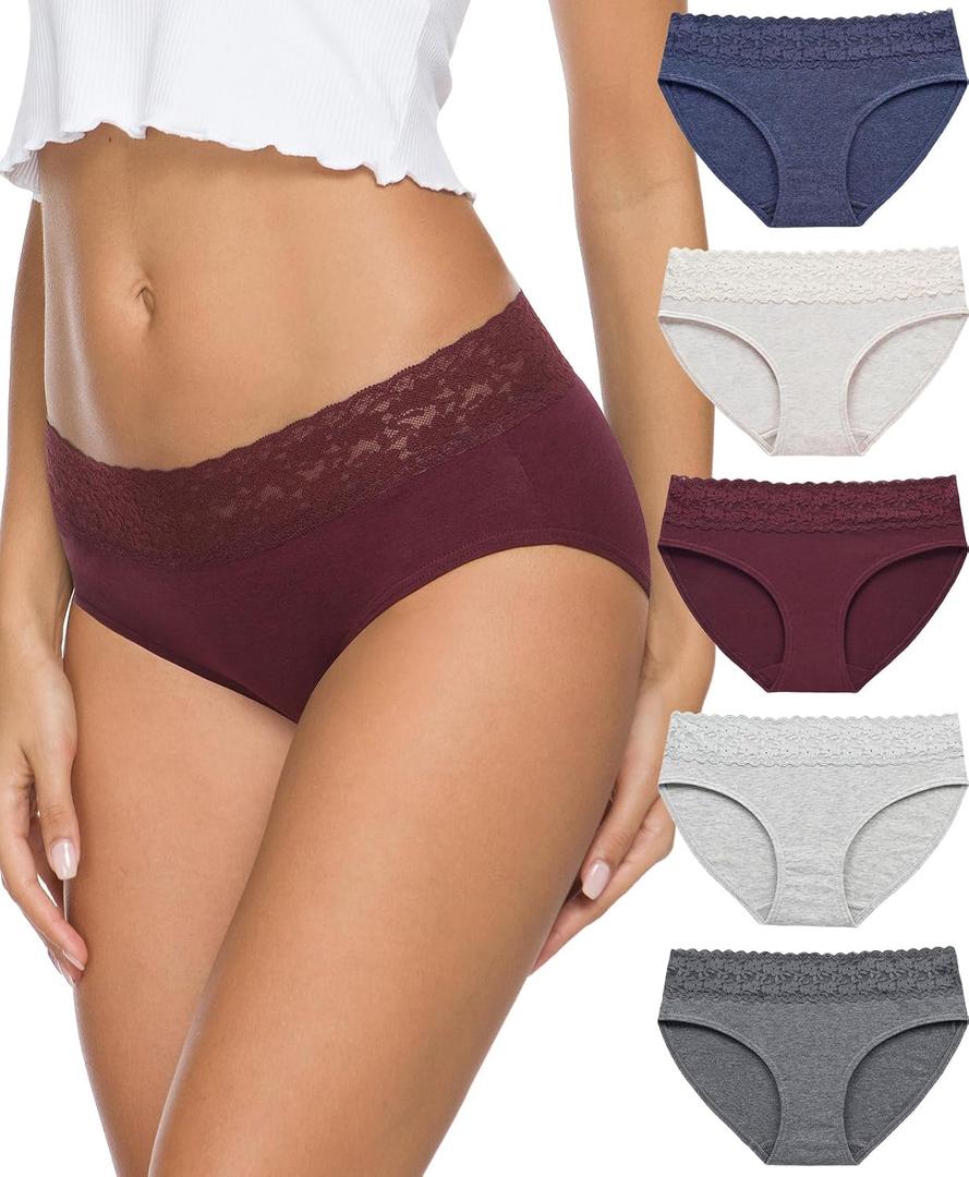 Womens Cotton Underwear 5-Pack - Breathable Lace Bikini Panties, Full Coverage Ladies Underwear Soft Combed Cotton (Large, Dark)