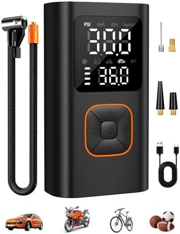 JivDaw Tire Inflator Portable Air Compressor Bike Pump with Digital Dual Values Display, 150PSI Car Tires Air Pump with USB Charging Output for Car Bicycle Motorcycles Scooter Balls