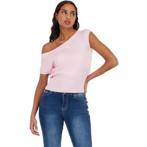 Forever 21 Women's Off The Shoulder Short Sleeve Sweater with Rib Waist (Large, Pink)