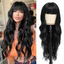 NAYOO Black Wigs with Bangs for Women Long Curly Wavy Hair Wigs Heat Resistant Synthetic Fiber Wigs for Daily Party Use 26 Inches (Black)