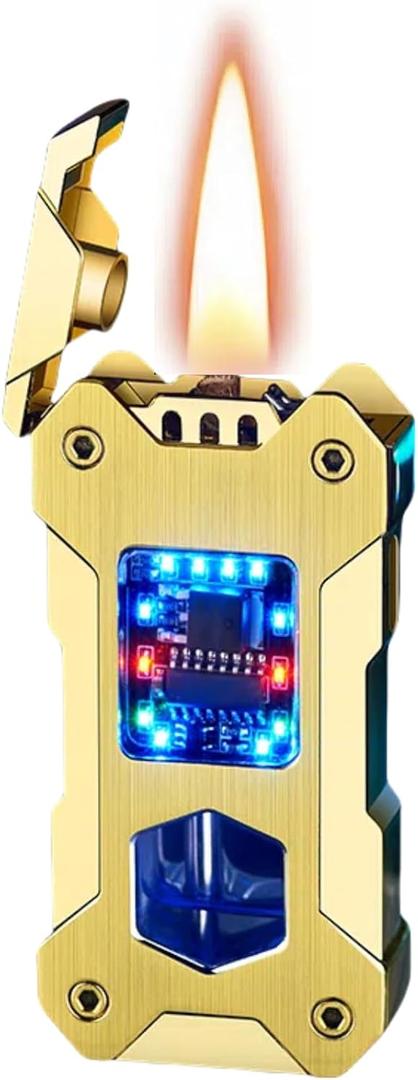 Smart Kerosene Lighter 4-Ignition Methods, Voice Activated Soft Flame Lighter, Metal Mecha Style Refillable Lighters with Cool Colorful Breathing Light (Brushed Gold, No Fuel)