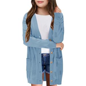 Girls Cardigans Kids Fashion Open Front Long Sleeve Knit Sweaters Outerwear with Pockets 5-14 Years Blue 150