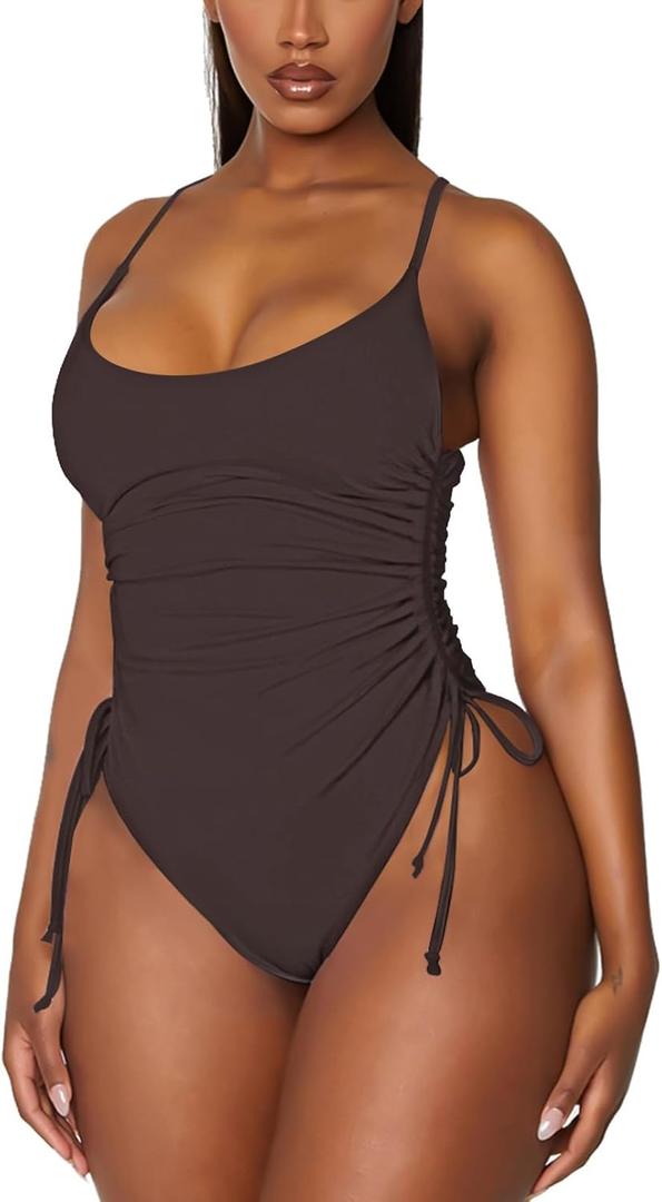Viottiset Women's Drawstring One Piece Swimsuit Tummy Control High Cut Cheeky Bathing Suit Monokini Dark Brown, Small