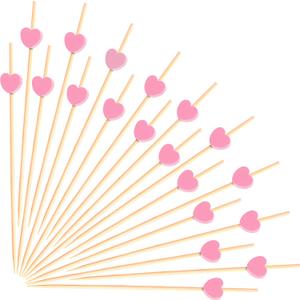 100pcs Pink Heart Cocktail Picks 4.7" Long Fruit Sticks Food Toothpicks Sandwich Appetizer Charcuterie Skewers, Made of Bamboo Wood, for Birthday Wedding Valentines Galentines Day Party Decorations