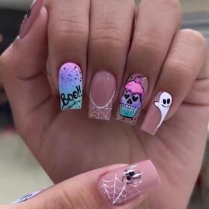 Pack of 24 Halloween Press on Nails Medium Square - SHANRUN Pink Colorful Fake Nails Press ons French Nail Art Tip Glue on Nails Full Cover Acrylic False Nails with Pumpkin Spider Web Ghost Design Women