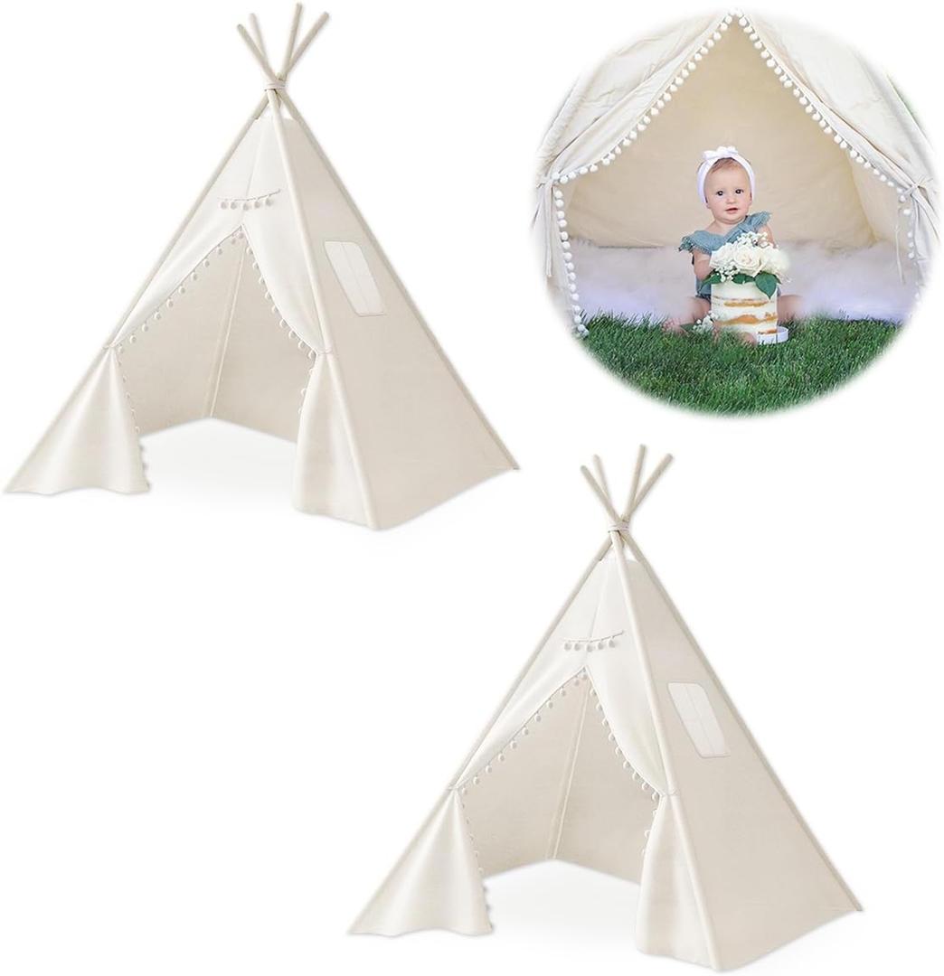 2 PCS Teepee Tent for Kids,Washable Tapered Kids Teepee Tent,Bohemian Teepee Tents,White Collapsible Sleepover Tents,for Boys and Girls Sleepover Pajamas Party Birthday SPA, White