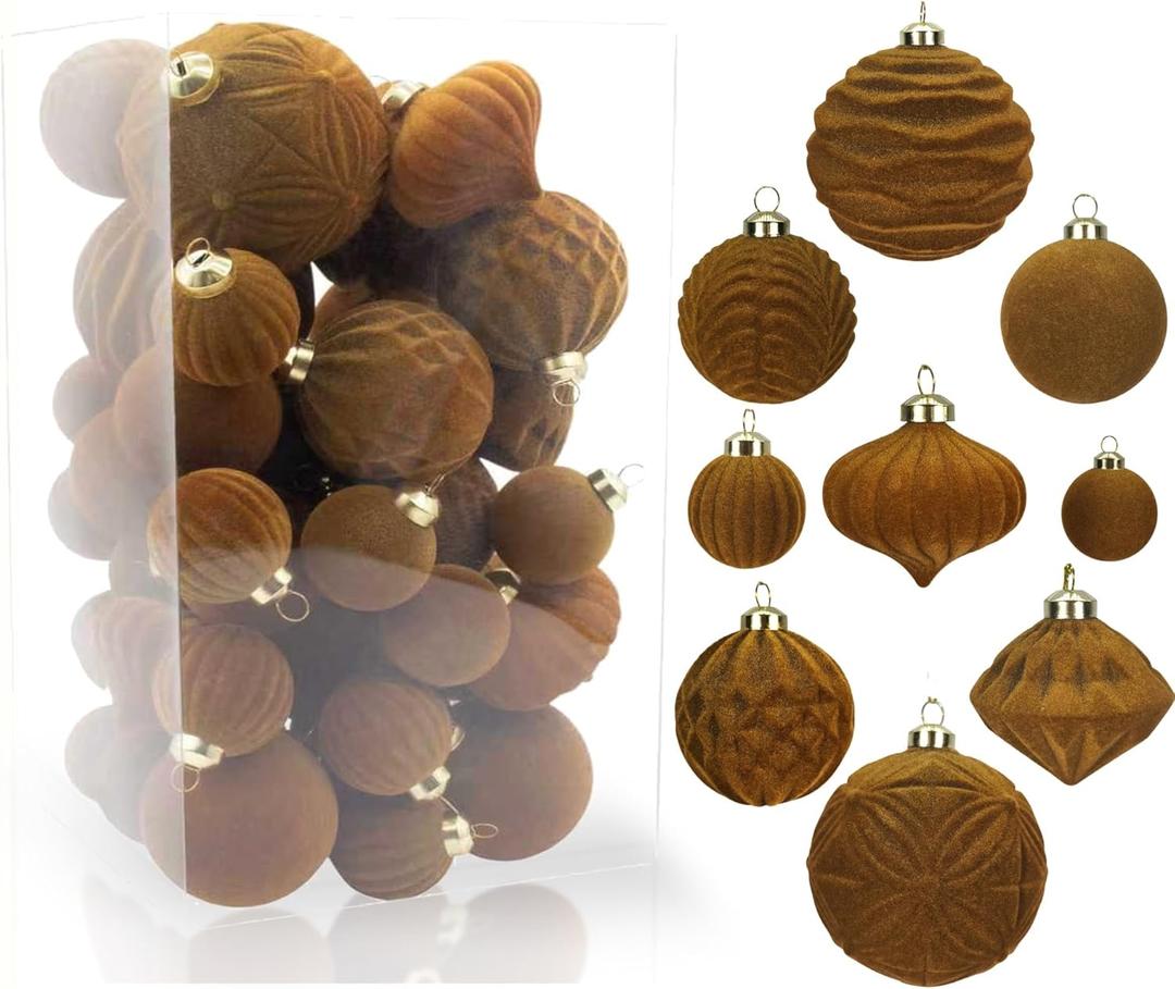 42PCS Gold Brown Velvet Christmas Ball Ornaments, Flocked Vintage Rustic Farmhouse Baubles in Assorted Sizes for Xmas Tree Decorations, Hanging Ornaments for Home, Party & Wedding Dcor (Golden Brown)