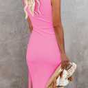 Pink Queen Women's Dresses Crew Neck Sleeveless Cutout Side Slit Bodycon Midi Party Dress (Pink, XL)