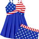 Girls Swimsuits Criss Cross Tropical Print Mesh Dress Bathing Suits with Shorts 2 Piece Tankini for Teens (11-12 Years, Usa Flag)