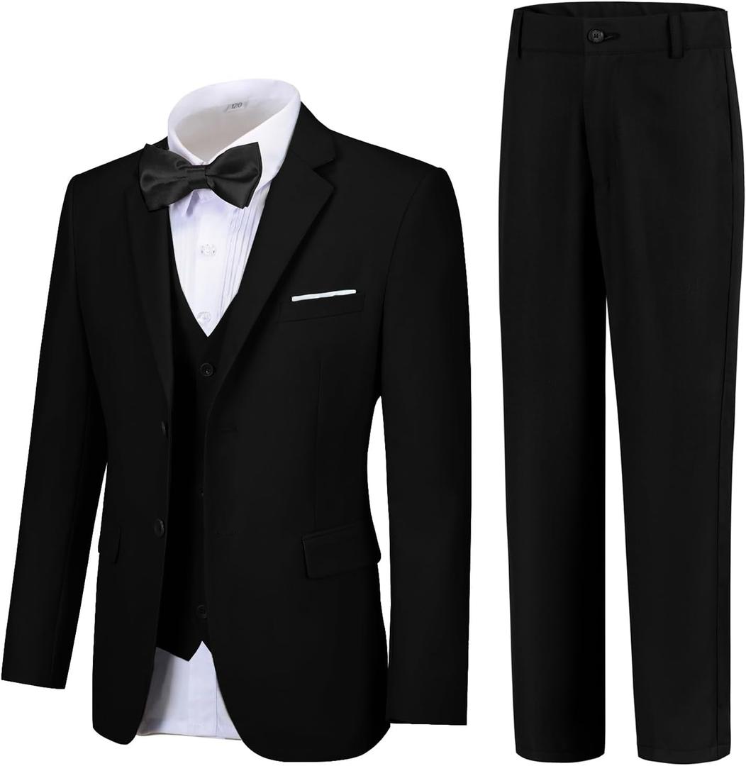 Boy Suits 5 Pieces Formal Suit Set with Adjustable Waist Kids Dress Suit for Wedding Prom (Black) 5T