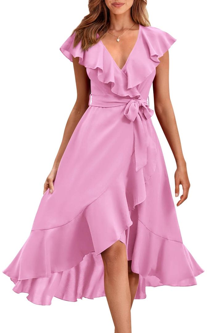 PRETTYGARDEN Women's Summer Cross Maxi Dress Casual Boho Deep V Neck Short Sleeve Ruffle Hem Split Beach Long Dresses (Bright Pink, Medium)