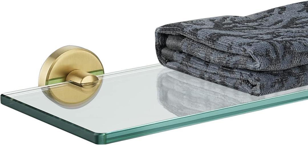 JQK Bathroom Glass Shelf Gold, Tempered Glass Shower Storage 16 by 5 inches, 304 Stainless Steel Brushed Gold Wall Mount 2 Pack, TGS101L16-BG-P2 