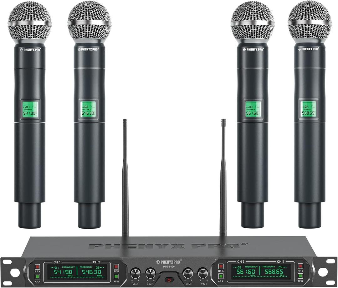Phenyx Pro Wireless Microphone System, 4-Channel UHF Wireless Mic, Fixed Frequency Metal Cordless Mic with 4 Handheld Dynamic Microphones, 260ft Range, Mics for Singing, Church(PTU-5000-4H)