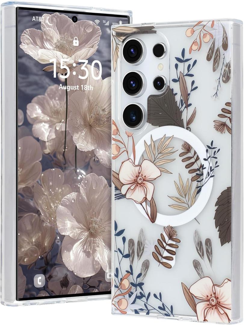 AIGOMARA Magnetic for Samsung Galaxy S24 Ultra Case [Compatible with MagSafe] Clear Floral Flower Pattern Design, Slim Anti-Yellowing Shockproof Phone Cover for Women Girls, Brown