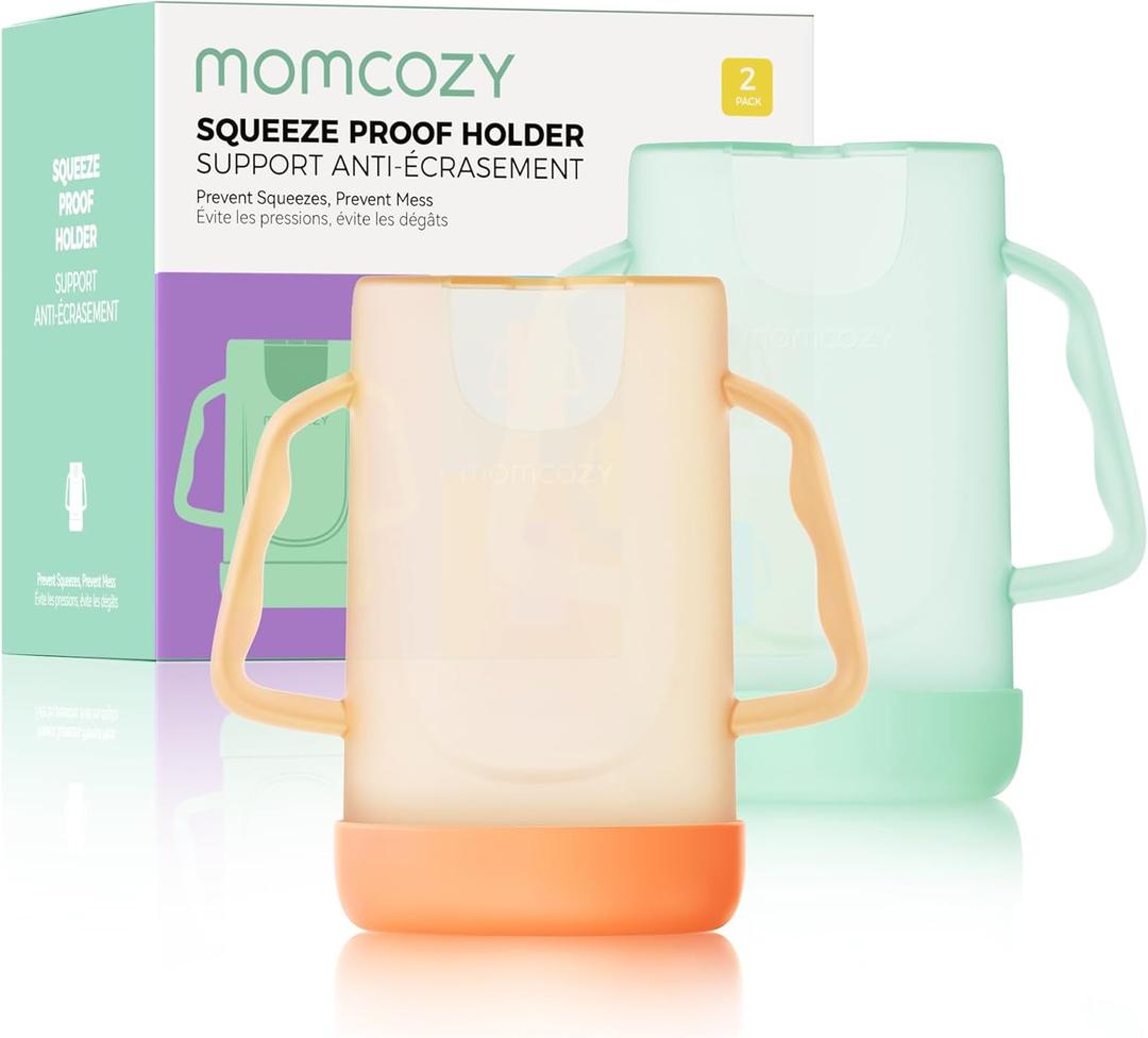 Momcozy Baby Pouch Holder No Squeeze for Food Pouches and Drink Boxes, Allows Baby to Self-feed and Avoid Messes, Baby Food Pouch Holder Handle is Easy to Grip, Comfortable, Green&Orange (Pack of 2)
