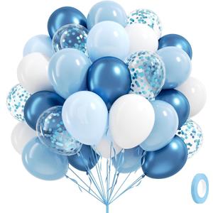 60pcs Blue and White Balloons 12inch with Pastel Pearl Light Blue Confetti White Balloons for Bridal Baby Shower Wedding Birthday Party Decorations