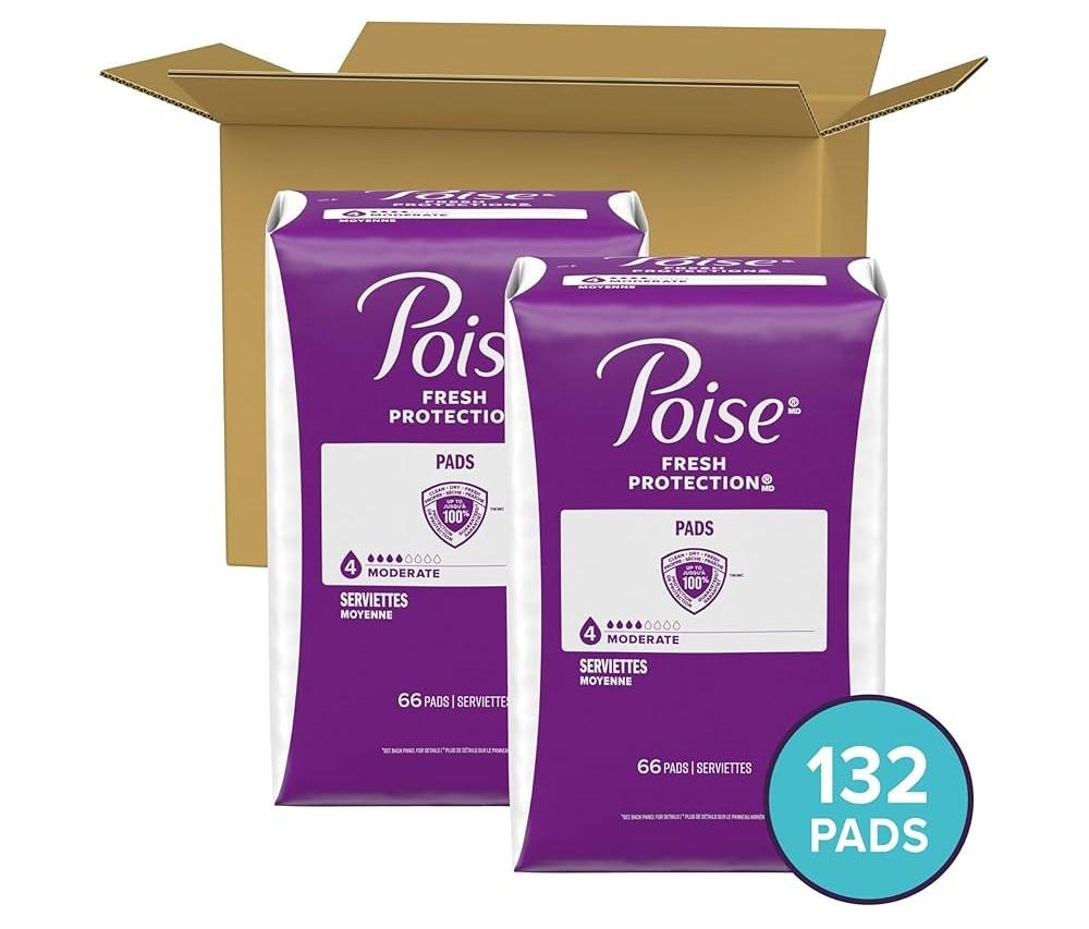 Poise Incontinence & Postpartum Pads for Bladder Leaks, 4 Drop Moderate Absorbency, 66 Pads, Pack of 2