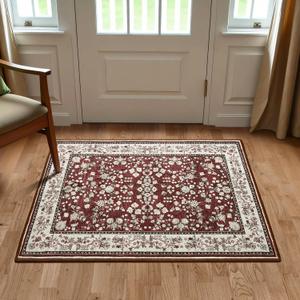 Softlife Washable Area Rug for Entryway, Non-Slip 2x3 Small Rugs for Hallways, Vintage Throw Front Door Mat for Entry, Oriental Modern Print Carpets Rubber Backing, Maroon and Beige