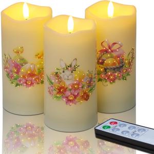 Eywamage Fiber Optic Spring Flameless Candles with Remote, Flickering Easter LED Pillar Candles Battery Operated Set of 3