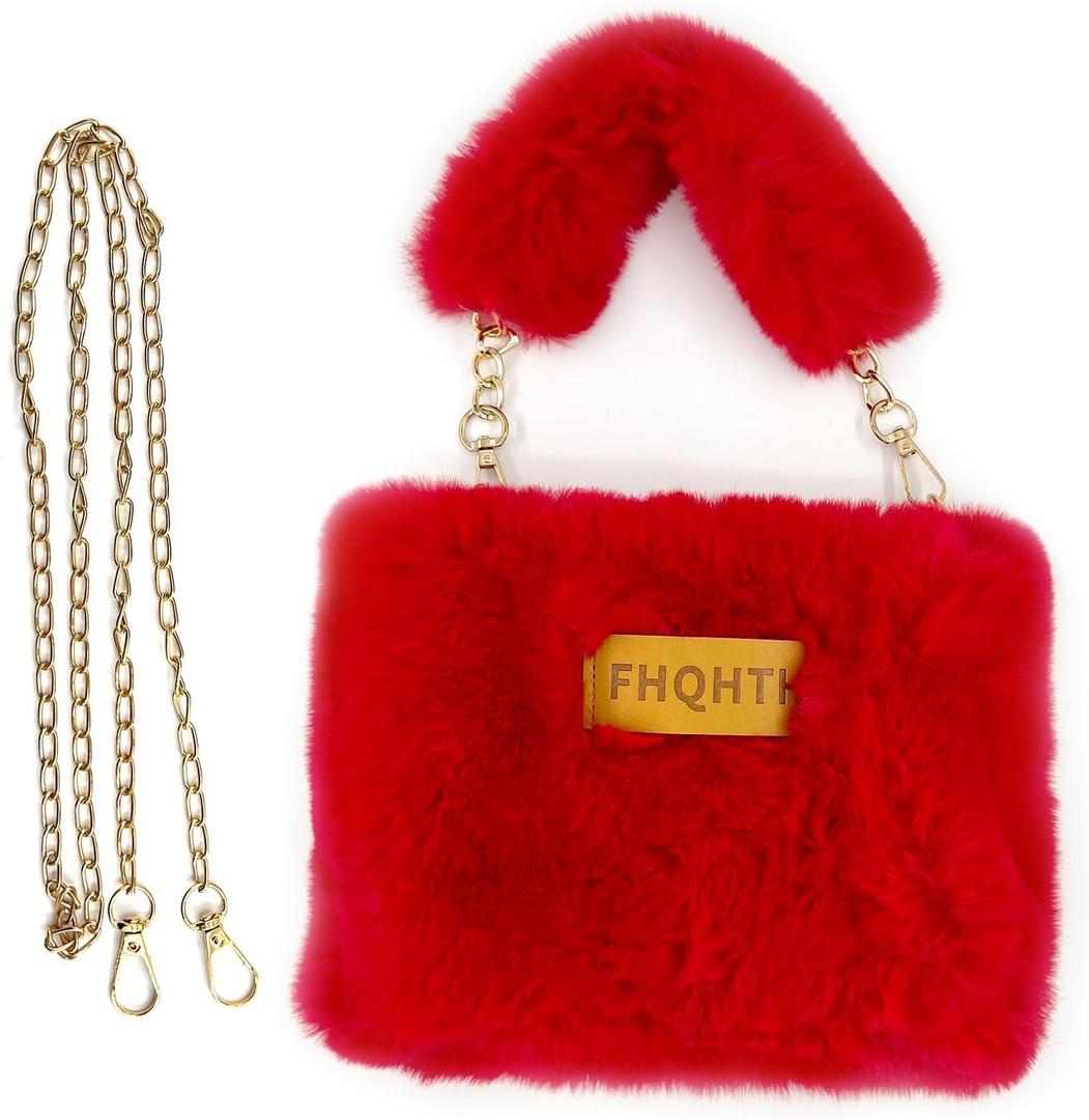 FHQHTH Fluffy Faux Fur Crossbody Bag for Women  Cute Small Purse with Chain Strap, Plush Evening Handbag & Makeup Bag (Red)