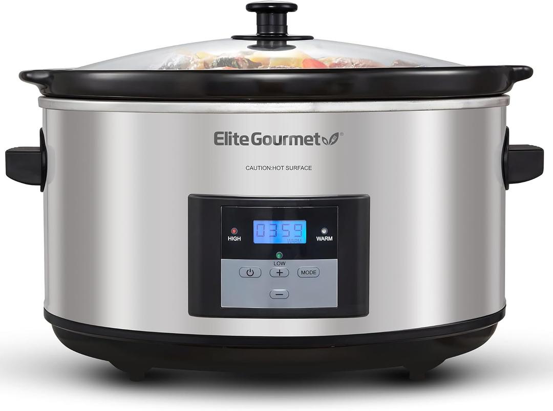 Elite Gourmet MST-900D 8.5Qt Digital Programmable XL Jumbo Slow Cooker, Adjustable Temp, Entrees, Sauces, Stews & Dips, Dishwasher Safe Glass Lid & Crock, Stainless Steel