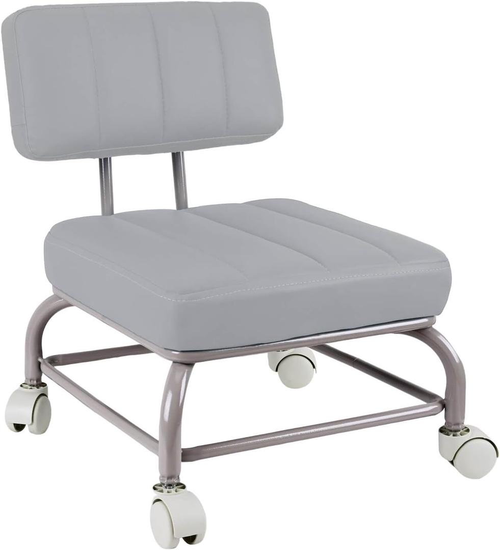 Low Rolling Stool Roller Seat with Universal Swivel Caster Wheels for Home Office Stool Garage Shop Stools PU Leather High Density Cushion and Steel Grey