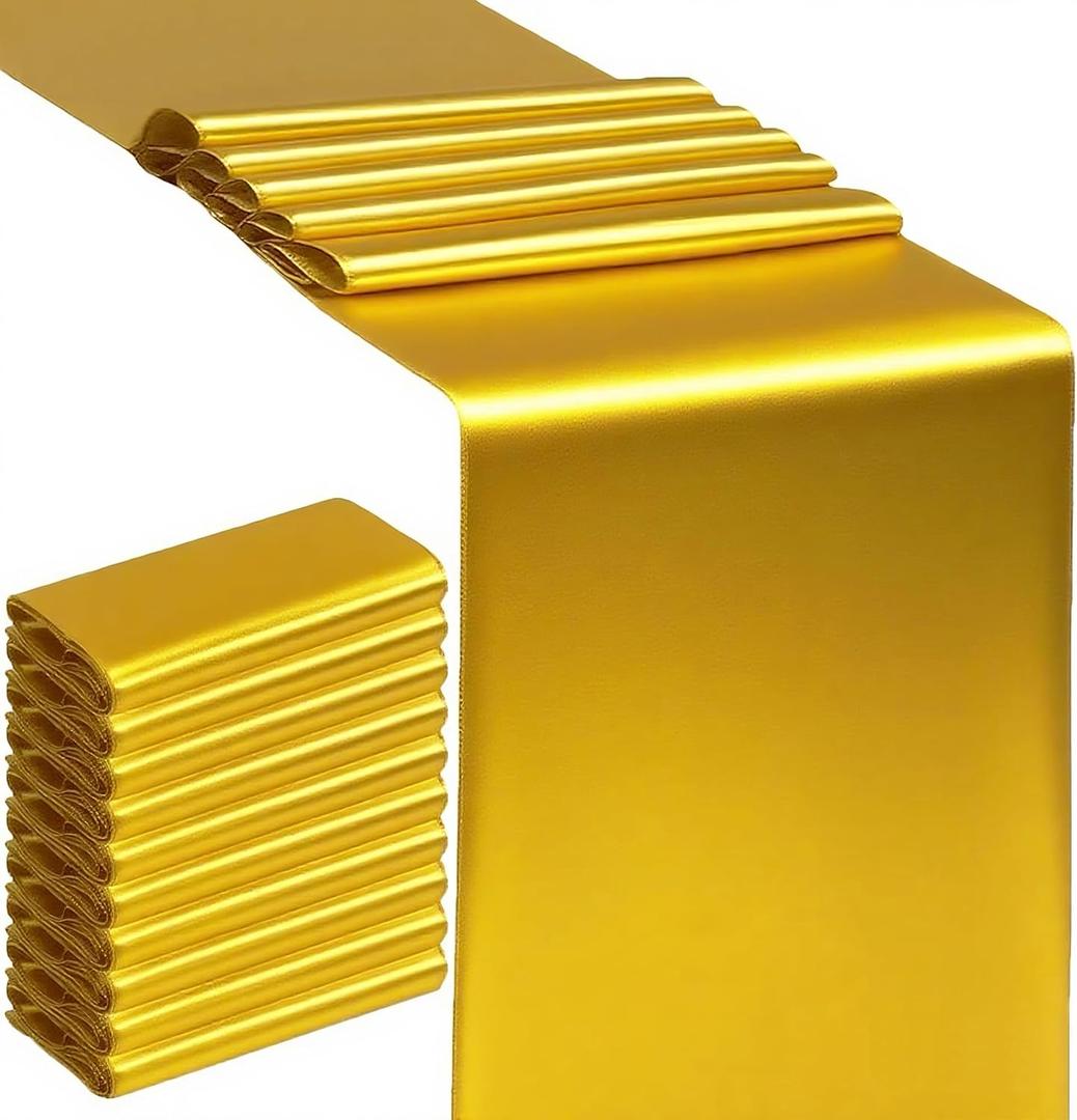 10 Pack Gold Table Runners 12 X 108 Inches Wedding Golden Satin Table Runner for Party Birthday Banquet Bridal Shower Christmas Engagement Rectangle Round Tables Overlay Decorations