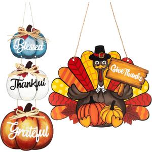 Thanksgiving Decoration Wood Pumpkin Turkey Door Wall Wreath for Front Door Sign Thankful Blessed Grateful, Pumpkin Sign for Fall Autumn Harvest Home Thanksgiving Party Outdoor Halloween Decoration (Large)