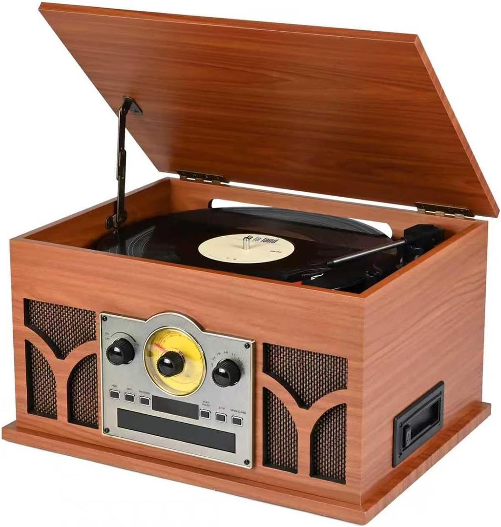 10-in-1 Vinyl Record Player with Built-in Speakers CD & Cassette Player, USB Player, AM/FM Radio, 33/45/78 Speed Turntable Wireless Playback Wooden Red
