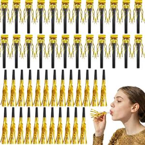 Skylety 48 Pcs Noise Makers Glitter Noise Makers Metallic Fringed Party Blowers Noisemakers Horns for Adults Birthday Graduation Sporting Events 2026 New Years Party Favor Supplies (Gold)