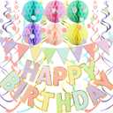 Fecedy Macaron Superlarge Alphabet Happy Birthday Banner Colorful Flag Bunting Circle Confetti Garland Swirl Streamers Honeycomb Ball for Birthday Party Decorations (Multi-colored)