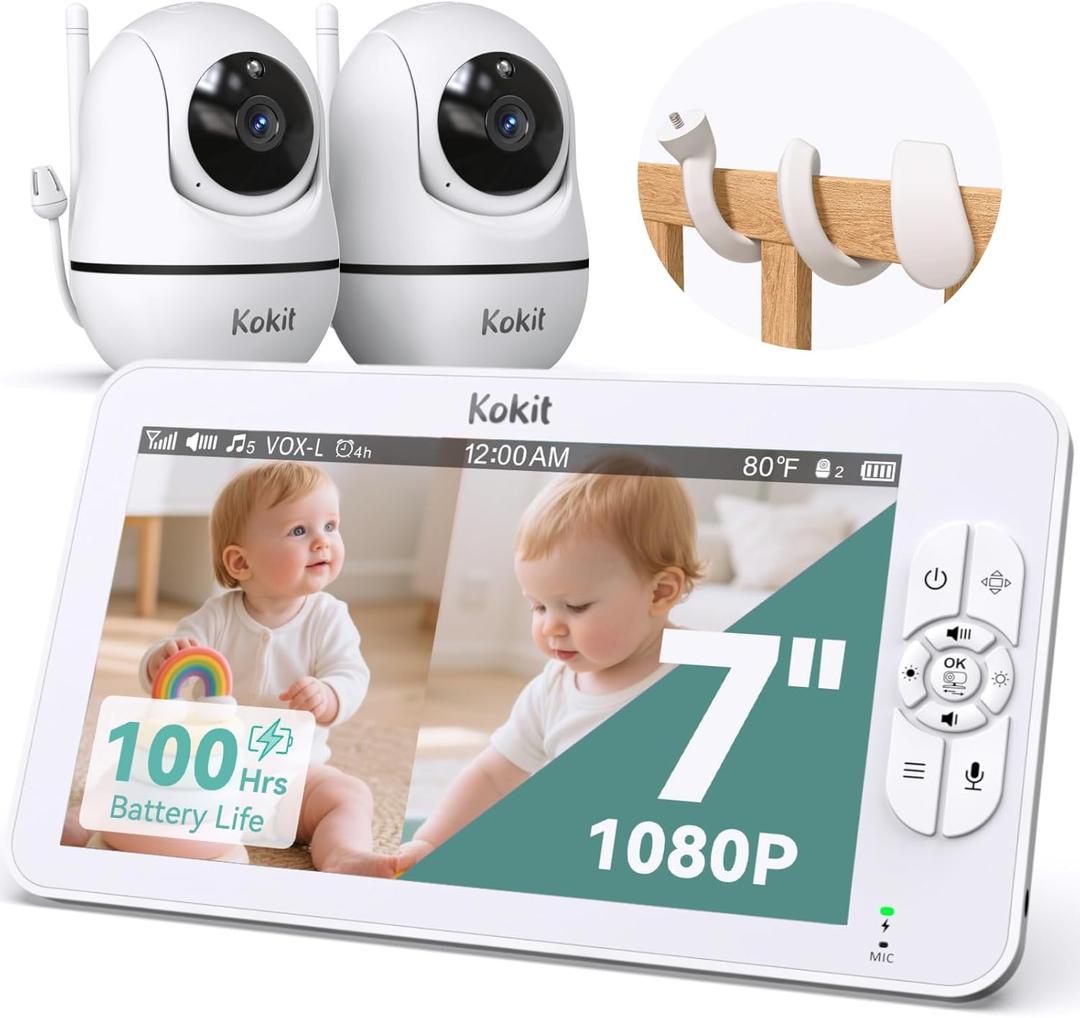 7" 1080P Full HD Dual Camera Baby Monitor Split Screen for Twins 100-Hour Battery Pan-Tilt 355/120 & 4X Zoom Night Vision & VOX 2-Way Talk & Lullabies Data Protection 2.4GHz Wi-Fi Only
