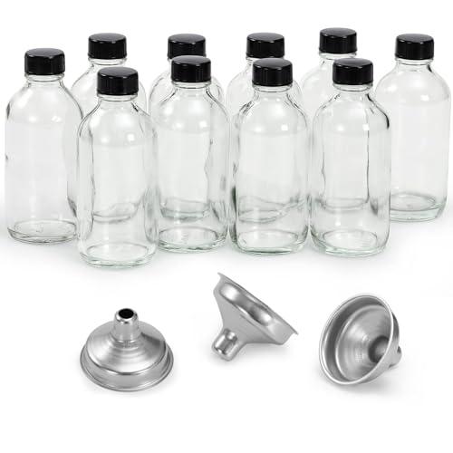 10 Pack, 4 oz Small Clear Glass Bottles w/Lids & 3 Stainless Steel Funnel - 120ml Boston Round Sample Bottle for Potion, Juice, Ginger Shot, Wellness, Oils, Whiskey, Liquids - Leakproof Travel Bottle