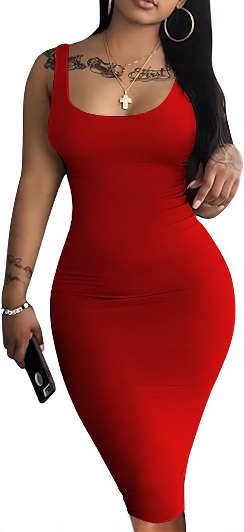 Nimsruc Women Casual Sexy Tank Top Bodycon Dress Summer Pencil Sleeveless Basic Midi Club Dresses (Red, M)