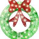 Ogrmar 24in Outdoor Christmas Wreath Decoration, LED Metal Bow Christmas Wreath Decoration, Lighted Xmas Decor, Pre Lit Lights Holiday Decor