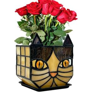 Entlityful Yellow Cat Plant Pot with Drainage,Cute Planters for Indoor Plants,Stained Glass Cat Flower Pots,Fun Candle Holder Glass Container,Gifts for Gardeners Woman