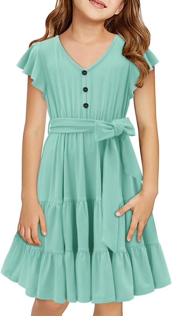 storeofbaby Girls Short Sleeve Dress V Neck Button Ruffle Hem Dresses with Belt (Green, S)
