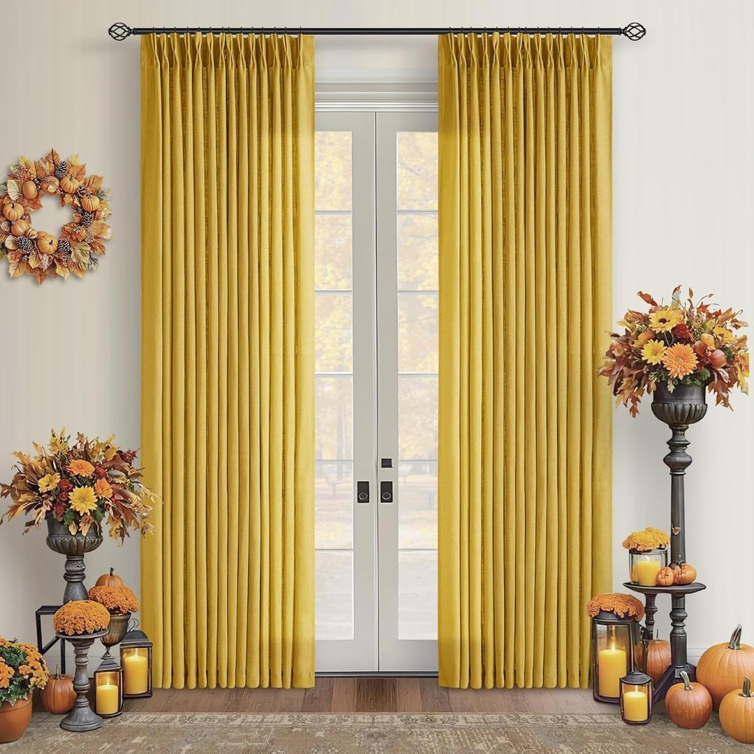 Pinch Pleated Mustard Yellow Linen Curtains 84 Inches Long 2 Panels Set for Living Room Dining Pinch Pleat Back Tab Light Filtering Farmhouse Boho Retro Window Curtain Drapes Gold Yellow Spring Decor