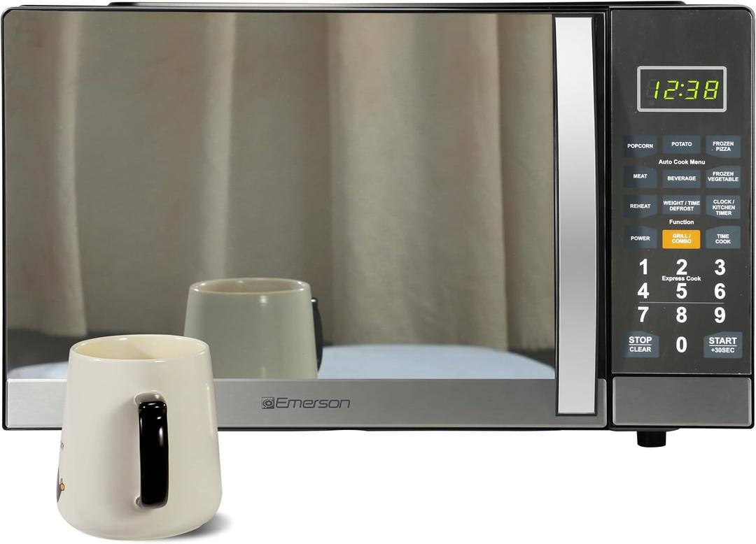 Emerson MWG1191SB 1.1 Cu. Ft. Microwave with Built-In Grill Function, 1100W Power, Stainless Steel, LED Timer Display, 11 Power Levels, 9 Preset Cooking Options, Removable Glass Turntable, Child Lock