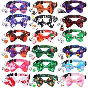 Kacctyen 18 Pcs Holiday Cat Collars 4th of July Patriotic Cat Collars Independence Day Memory Day Decoration Breakaway Adjustable Kitten Bow Tie Bulk Pet Kitten Bowtie Decor(Small)