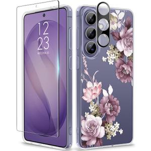 GVIEWIN for Samsung Galaxy S26 Plus Case, Clear Floral Slim Shockproof Protective Women Phone Case, Non-Yellowing, with Screen Protector&Camera Lens Protector for S26 Plus 6.7", Cherry Blossoms/Purple