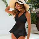 Women's Tankini Sets Tummy Control Flowy Mesh Top Full Coverage High Waisted Bottom V Neck Two Piece Swimsuits (Black, XL)