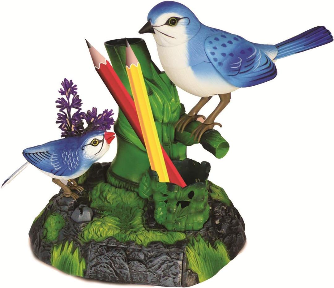 Haktoys Singing Chirping Birds with Penholder and Mini Drawer - Battery Operated Realistic Bird Motion & Sound (Batteries Included) Great Office Desk and Room Accessory