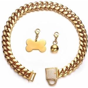 Heavy Duty Dog Chain Collar with Dog Tag, Bell, 18K Gold Plated 14MM Stainless Steel Cuban Link Chain Collar with Bling Rhinestone Secure Buckle,for Small Medium Large Dogs(14mm,20'')