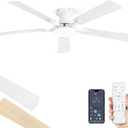 52 Inch Ceiling Fan with Light, App&Remote Control, Flush Mount Low Profile, Dimmable 20W LED Light, Quiet Reversible Motor for Bedroom, Living Room, Apartment, White 