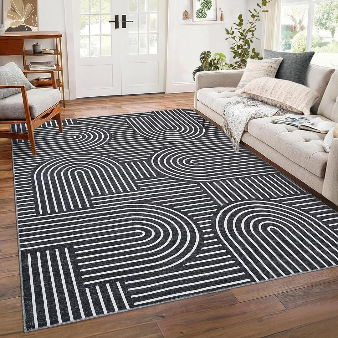 Washable Rug 8x10 Area Rugs for Living Room, Abstract Rug for Bedroom, Soft Rainbow Non Slip Throw Rugs with Rubber Back, Low Pile Stain Resistant Boho Geometric Carpet for Dining Room, Black