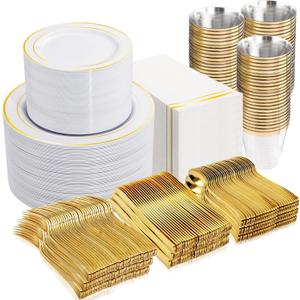 GATHER 700PCS Gold Plastic Plates - Whtie and Gold Disposable Dinnerware Sets 100Guest - 200 Disposable Plate, 300 Plastic Silverware, 100 Cups, 100 Napkins for Wedding & Party