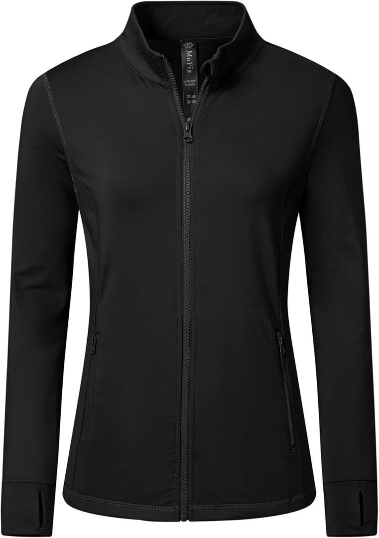 MoFiz Women's Full Zip up Athletic Jackets Fleece Lined Sports Running Track Jacket Stretchy Workout Tops with Pockets (Medium, 2024-black-fleece)