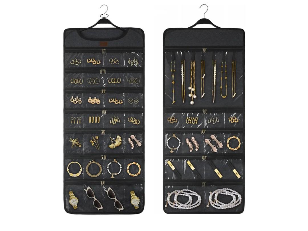 SMRITI Hanging Jewelry Organizer with Dual Zippered Pockets Canvas Double Sided Rotating Hanger Necklace Hanging Wall Organizer Earring Dustproof Holder Wall Mount Accessories Display Bag(Dark Grey)