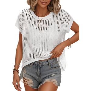 Womens Summer Crochet Tops Hollow Out Cap Sleeve Cover Up Tank Top Pullover Sweater Vest Beach Vacation Clothes (White). XL Size